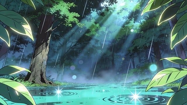 Regnig, grön anime-skog med stilla damm och ljusstrålar